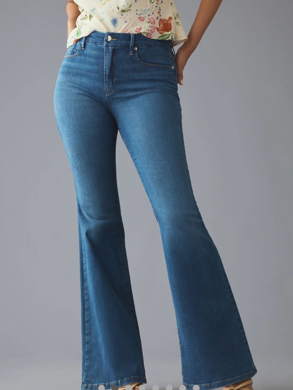 Good American Mid-Blue High-Rise Flare Jeans